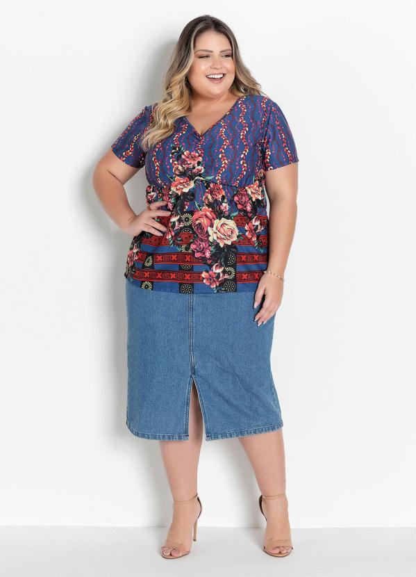 

Bata Plus Size Floral com Mangas Curtas, Azul