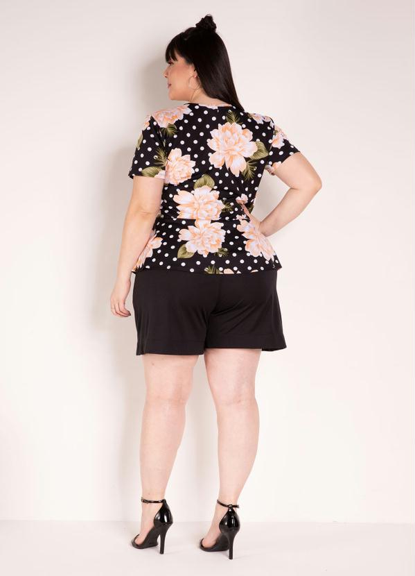 

Blusa Floral e Poá Preta com Peplum Plus Size, Preto