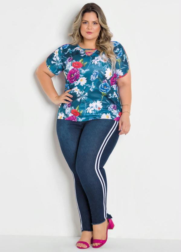 

Blusa Floral Plus Size com Tiras, Azul