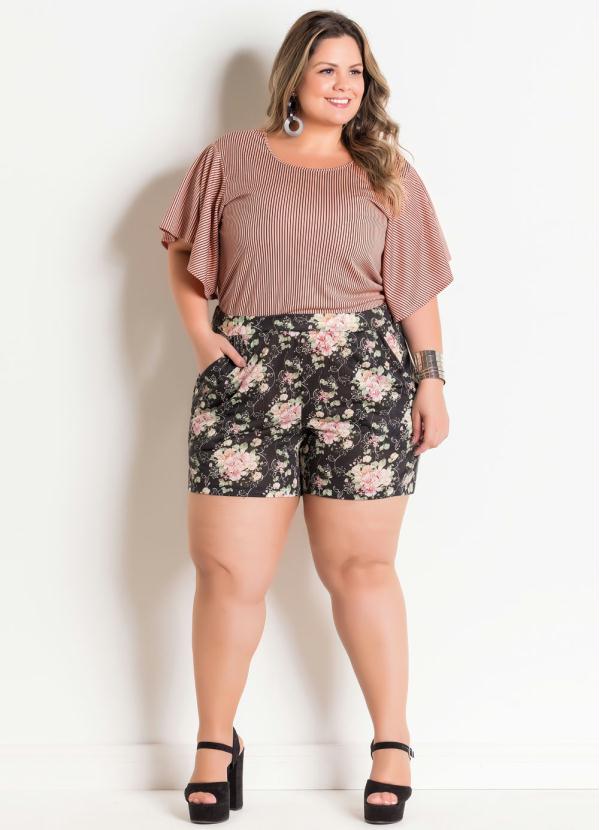 

Blusa Listrada com Manga Ampla Plus Size, Bege