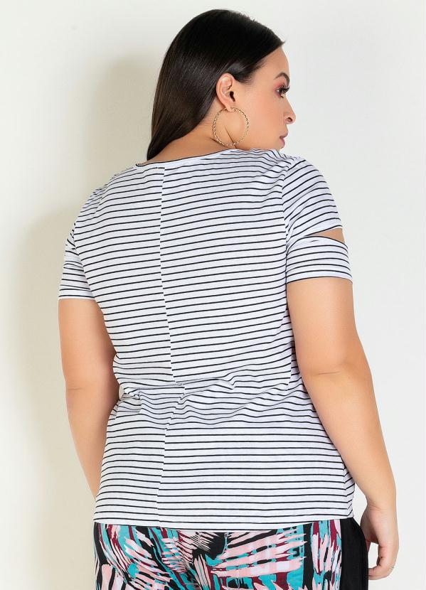 

Blusa Listrada com Mangas Vazadas Plus Size, Branco