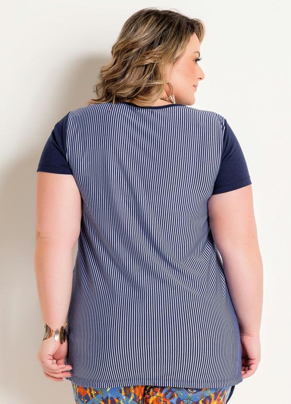 

Blusa Listrada Plus Size com Aplique, Azul