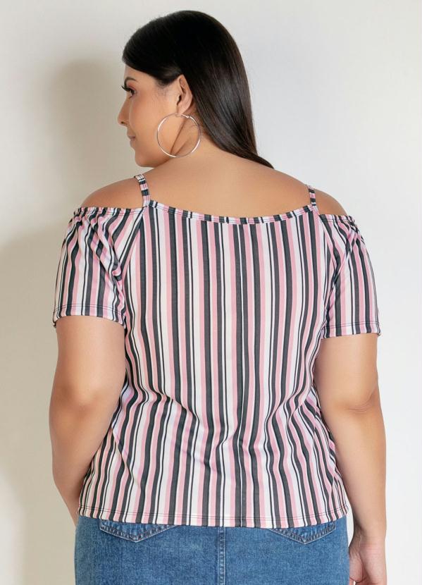 

Blusa Listrada Rosa com Ombros Vazados Plus Size