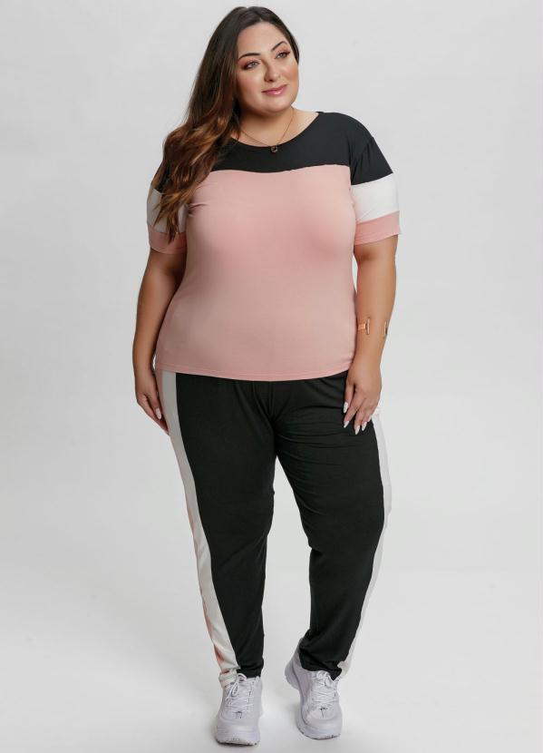 

Blusa Plus Size Rosa/Preta/Branca com Recortes