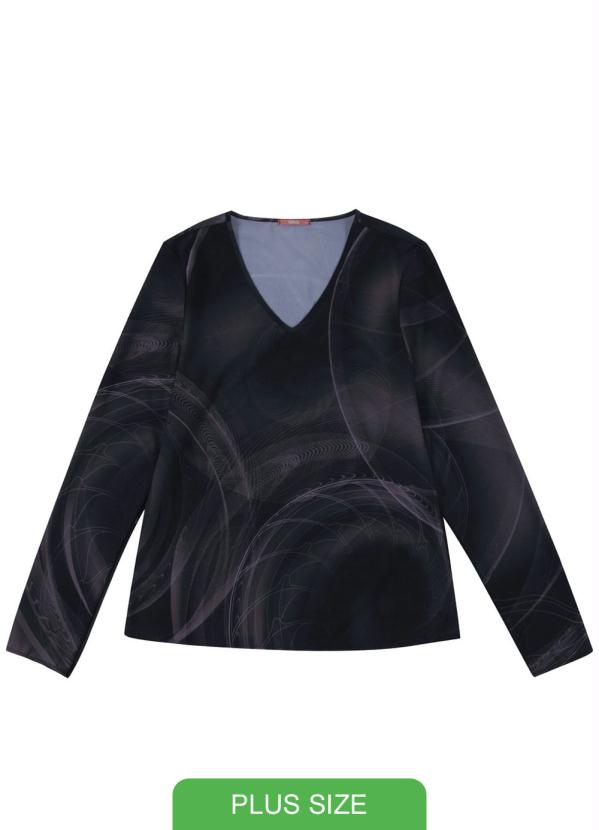 

Blusa Manga Longa Estampada com Decote V Preto