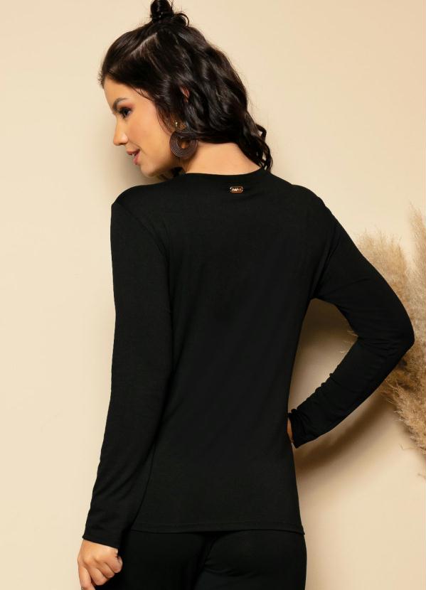 

Blusa Preta Mangas Longas com Recorte em V, Preto