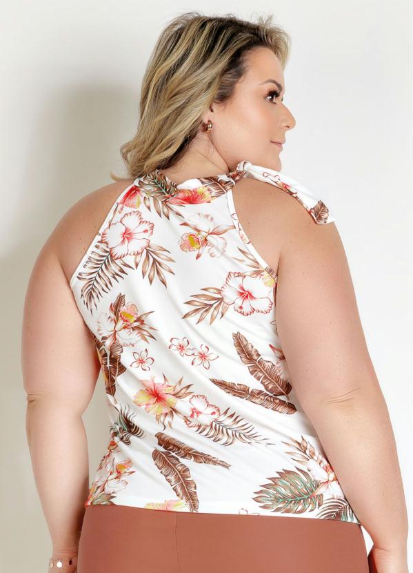 

Blusa Floral BrancaCom Gola de Amarrar Plus Size, Branco