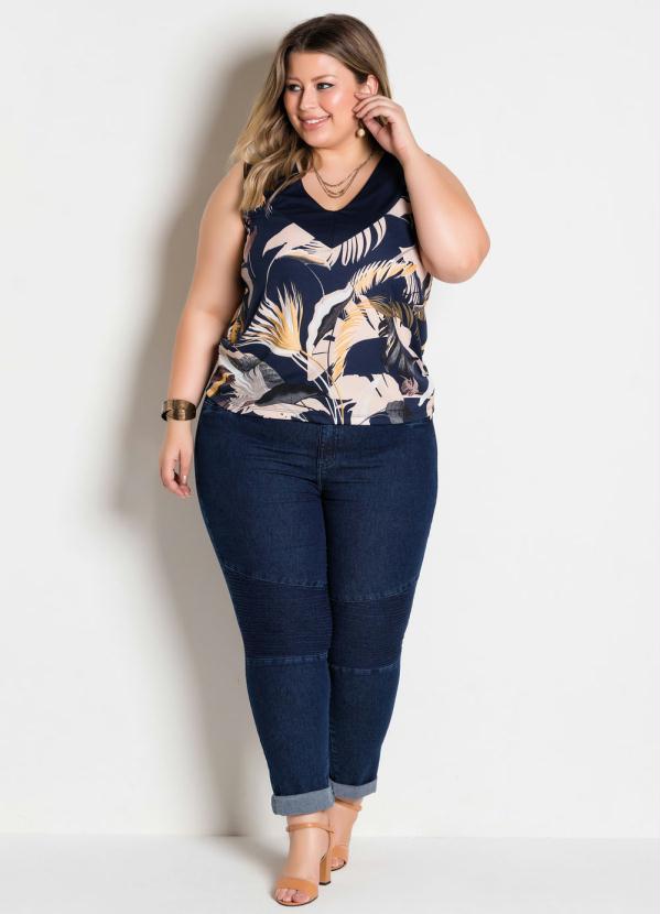 

Regata Folhagem com Decote V Plus Size, Azul