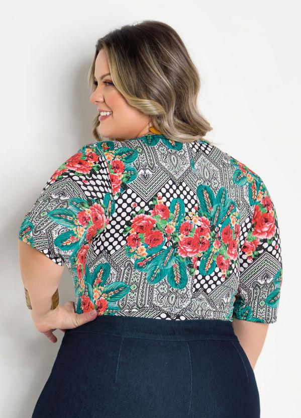 

Body Poá e Floral com Mangas 3/4 Plus Size, Preto