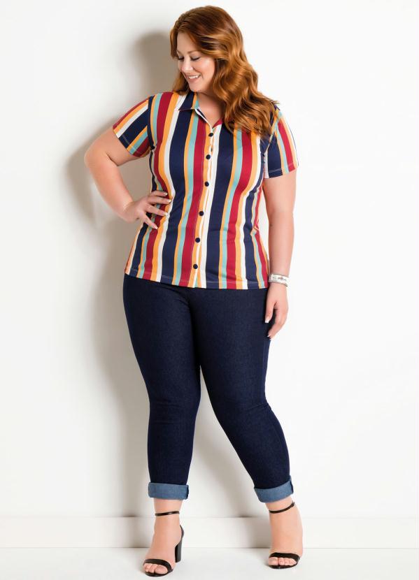 

Camisa com Botões Plus Size Listrada, Azul