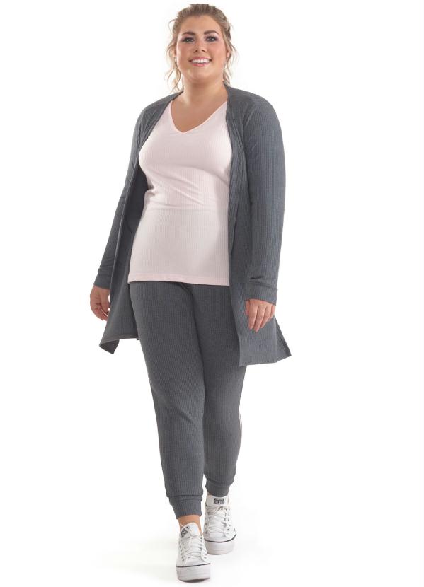 

Cardigan Plus Size com Cadarço Mescla Escuro, Cinza