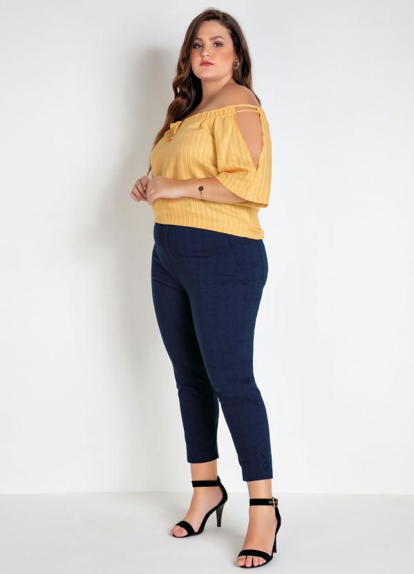 

Blusa Plus Size Amarela Listrada Ciganinha, Amarelo