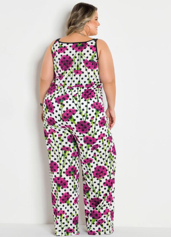 

Macacão Pantalona Poá e Floral Plus Size, Branco