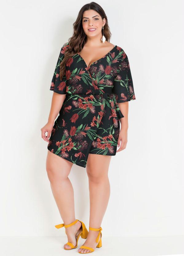 

Macaquinho com Saia Plus Size Floral Preta, Preto