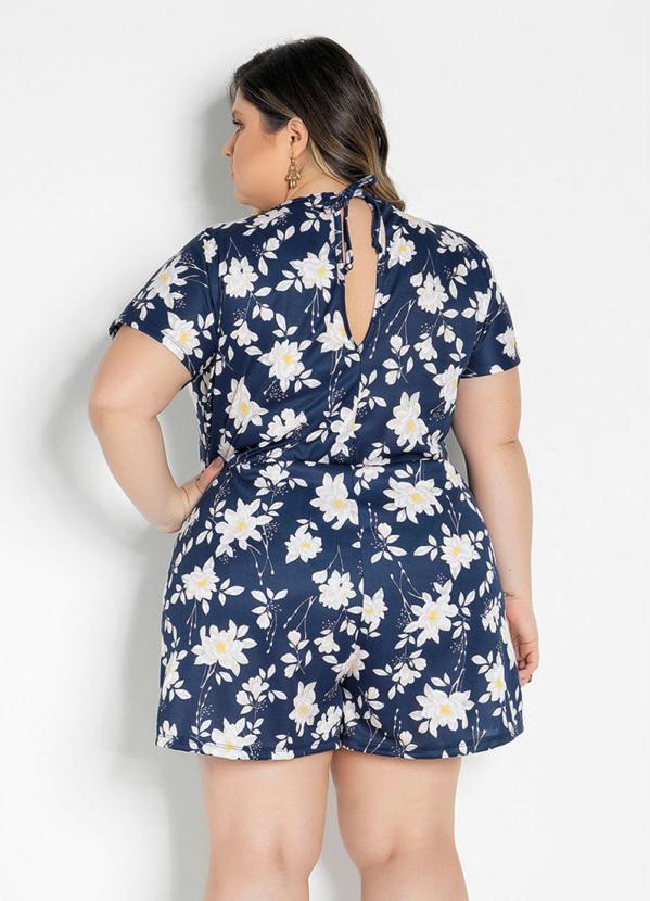 

Macaquinho Floral Azul com Amarração Plus Size