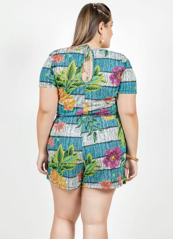 

Macaquinho Floral Azul com Transpasse Plus Size