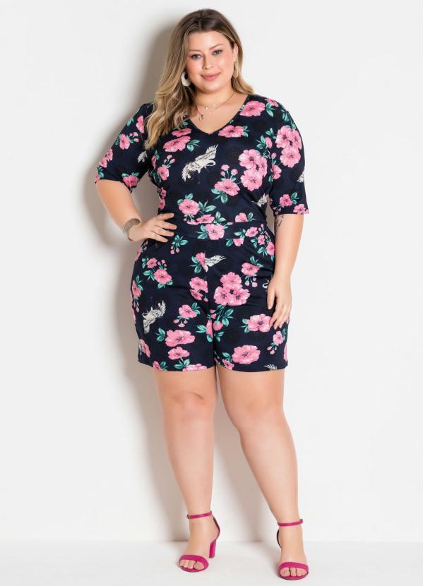 

Macaquinho Floral Costas Transpassada Plus Size, Azul