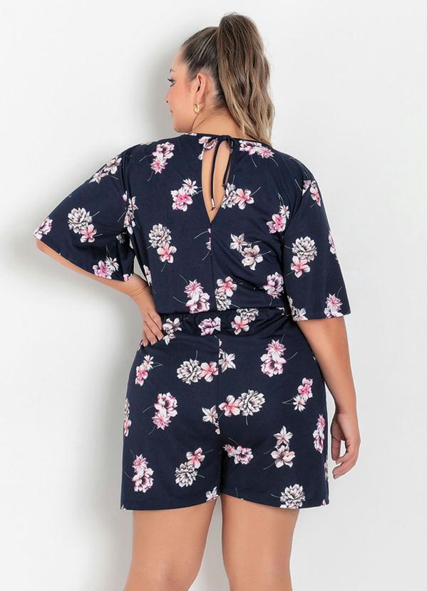 

Macaquinho Floral Marinho com Mangas Plus Size, Azul