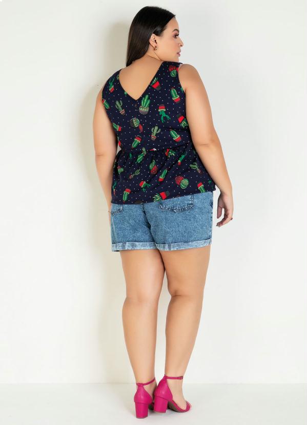 

Regata Cactos Peplum Plus Size, Azul