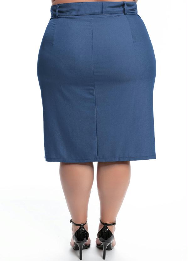 

Saia Plus Size Azul com Faixa e Fenda na Frente