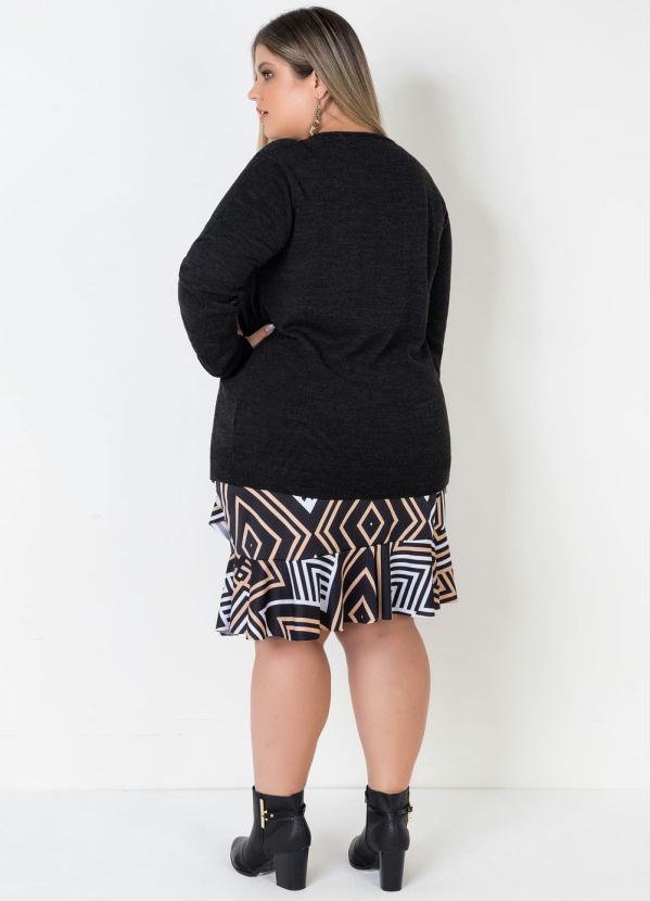 

Saia Plus Size Estampada Geométrica c/ Babados, Preto