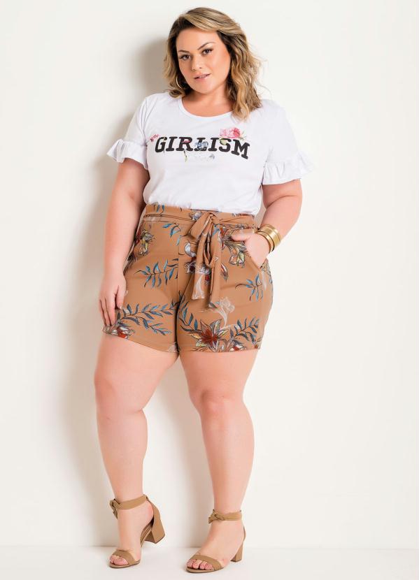 

Short Floral Plus Size com Bolsos e Amarração, Marrom