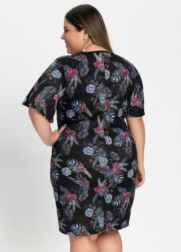 

Vestido Curto Floral com Mangas Amplas Plus Size, Preto