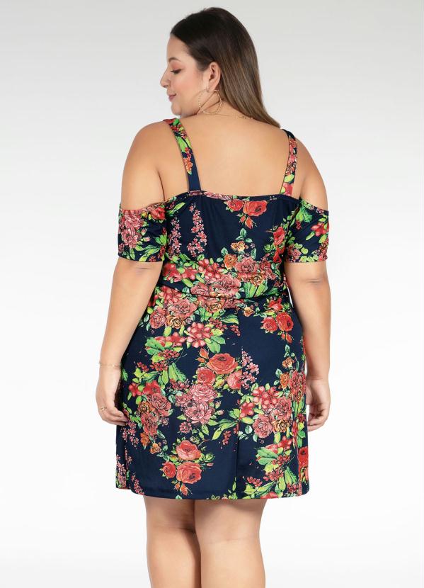 

Vestido Curto Floral Ombros Vazados Plus Size, Azul