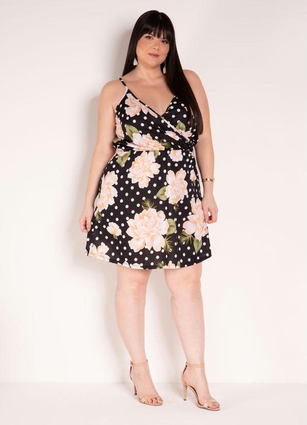 

Vestido de Alças Floral e Poá Preto Plus Size