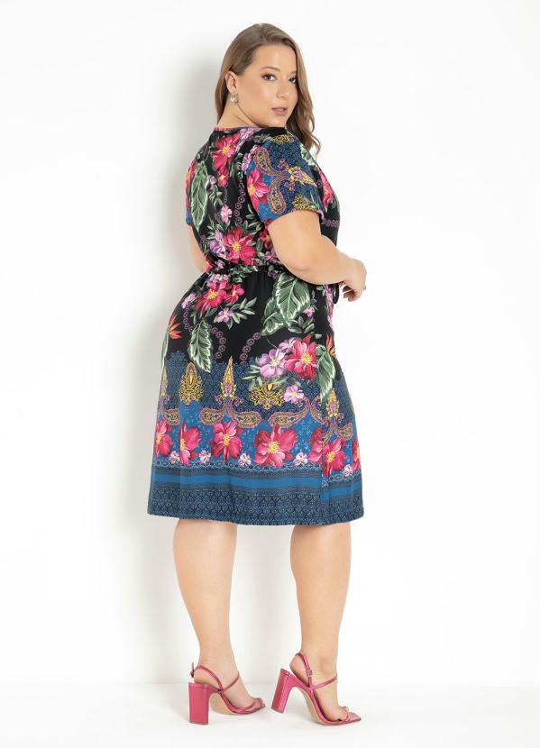 

Vestido Floral com Cintura Ajustável Plus Size, Preto