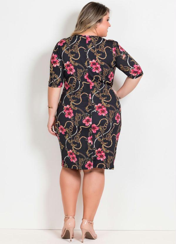 

Vestido Floral com Mangas 3/4 Plus Size, Preto