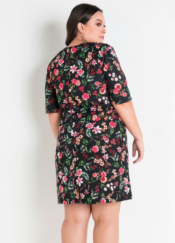 

Vestido Floral Mangas 3/4 Plus Size, Preto