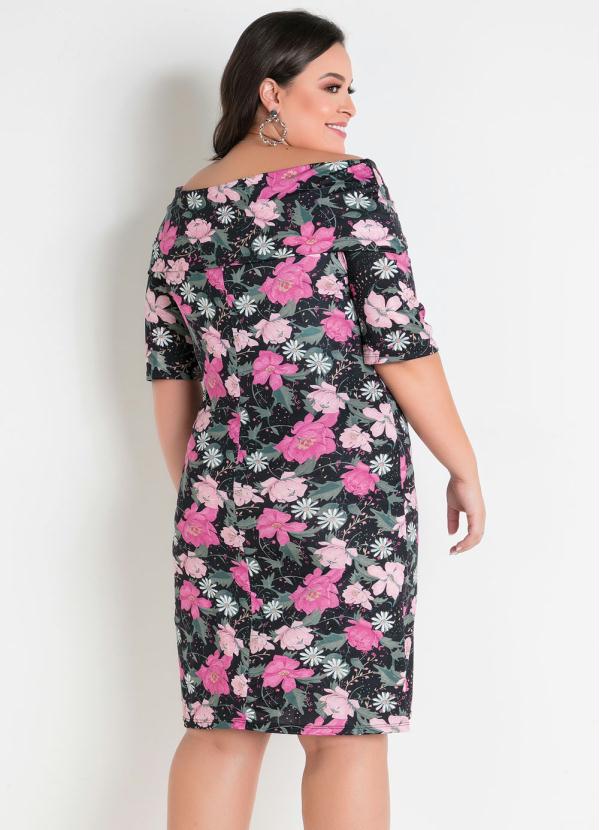 

Vestido Floral Ombro a Ombro Plus Size, Preto