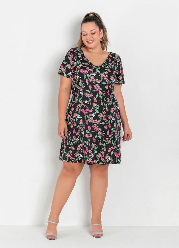 

Vestido Floral Preto com Mangas Plus Size