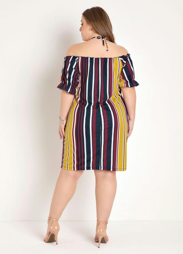 

Vestido Listrado com Mangas Bufantes Plus Size, Azul