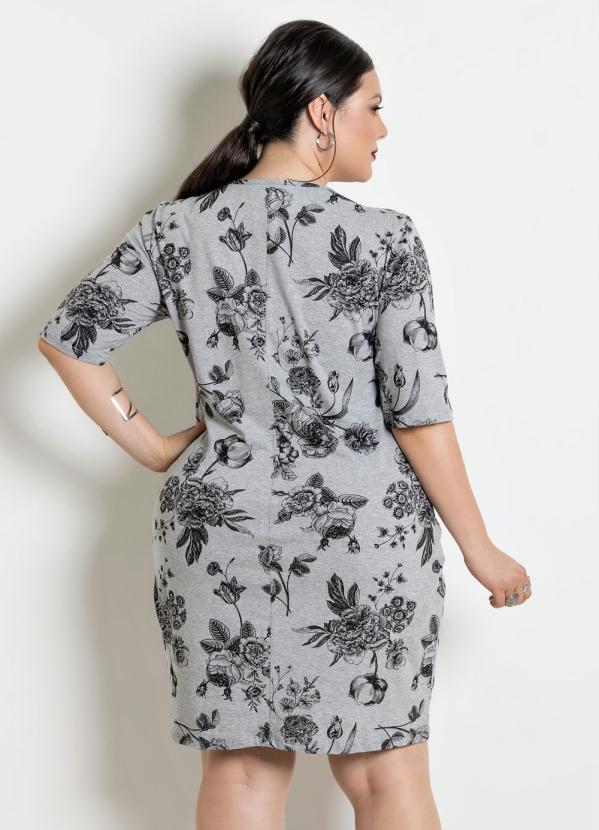 

Vestido Mangas 3/4 Plus Size Mescla/Floral, Cinza