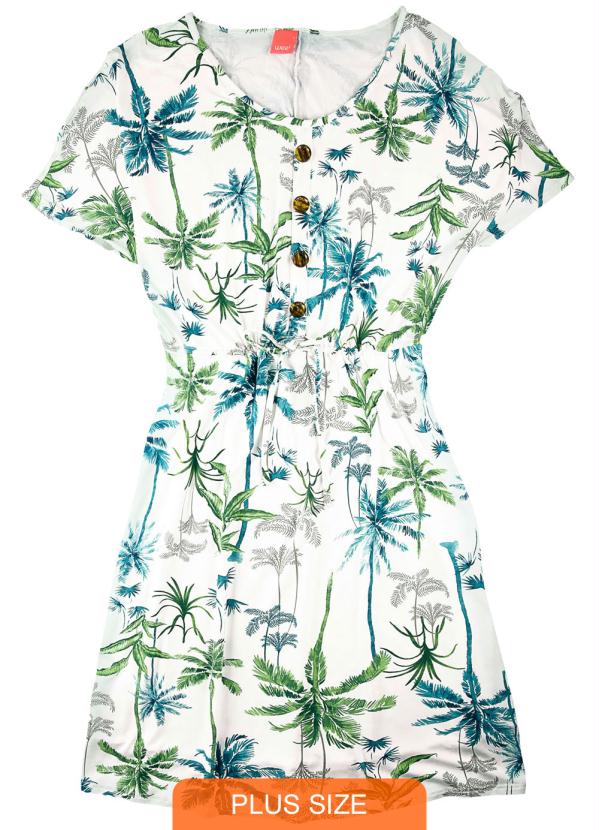 

Vestido Off White Curto Tropical com Botões, Bege