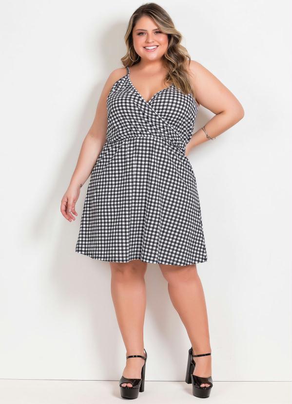 

Vestido Pied de Poule com Transpasse Plus Size, Branco