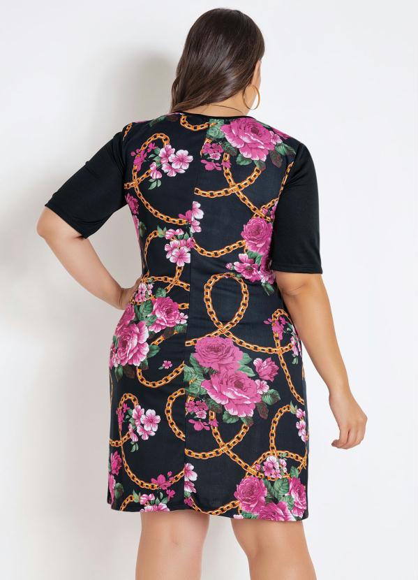 

Vestido Plus Size Floral Preto Mangas 3/4