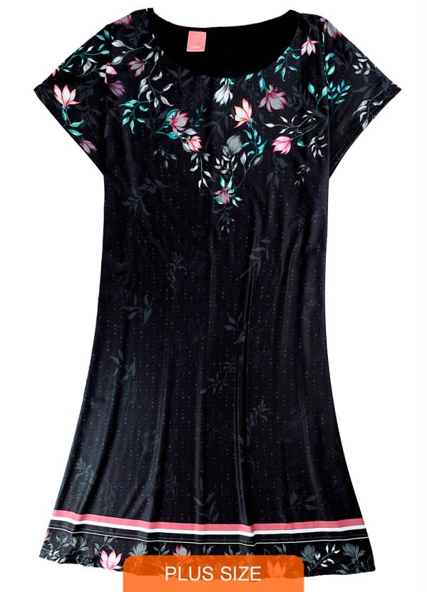 

Vestido Preta Curto Floral em Liganete, Preto