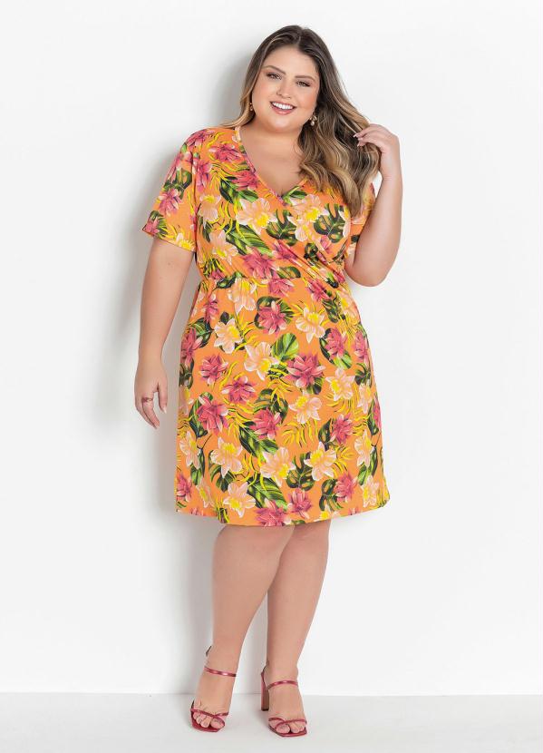 

Vestido Transpassado Floral Laranja Plus Size