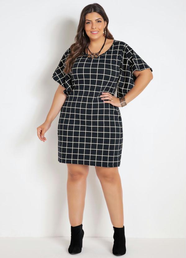 

Vestido Xadrez Grid Plus Size com Mangas Amplas, Preto