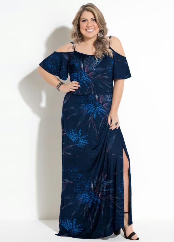 

Vestido Floral Marinho com Fenda Ombros Vazados, Azul