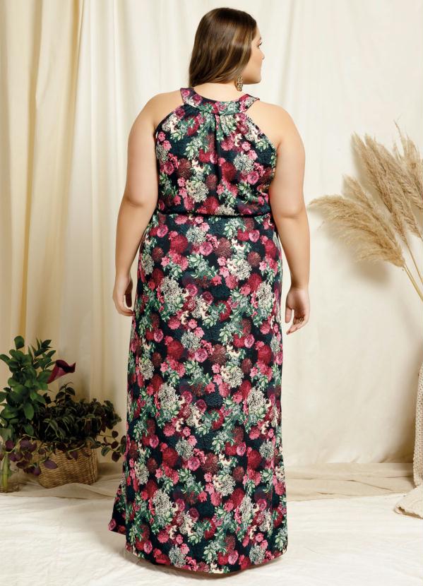 

Vestido Longo Floral Preto Franzido Plus Size