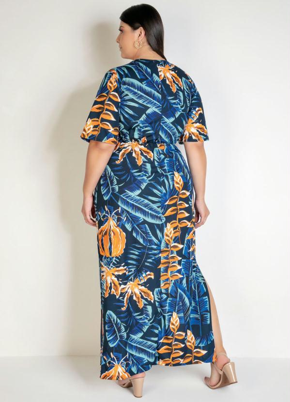 

Vestido Longo Folhagem Azul com Fendas Plus Size