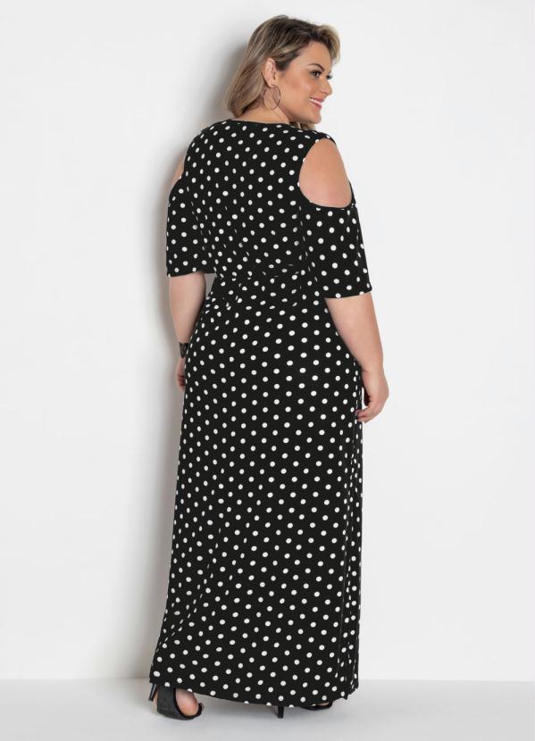 

Vestido Longo Poá Plus Size com Ombros Vazados, Preto