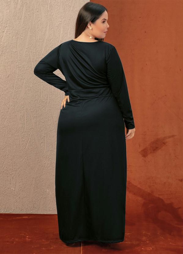 

Vestido Longo Preto e Verde Recortes Plus Size