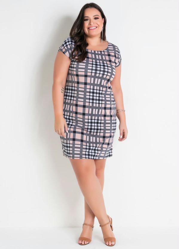 

Vestido Xadrez com Mangas Curtas Plus Size, Bege