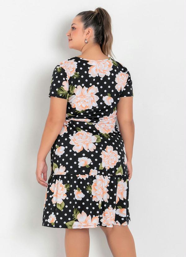 

Vestido Floral e Poá com Franzido Plus Size, Preto