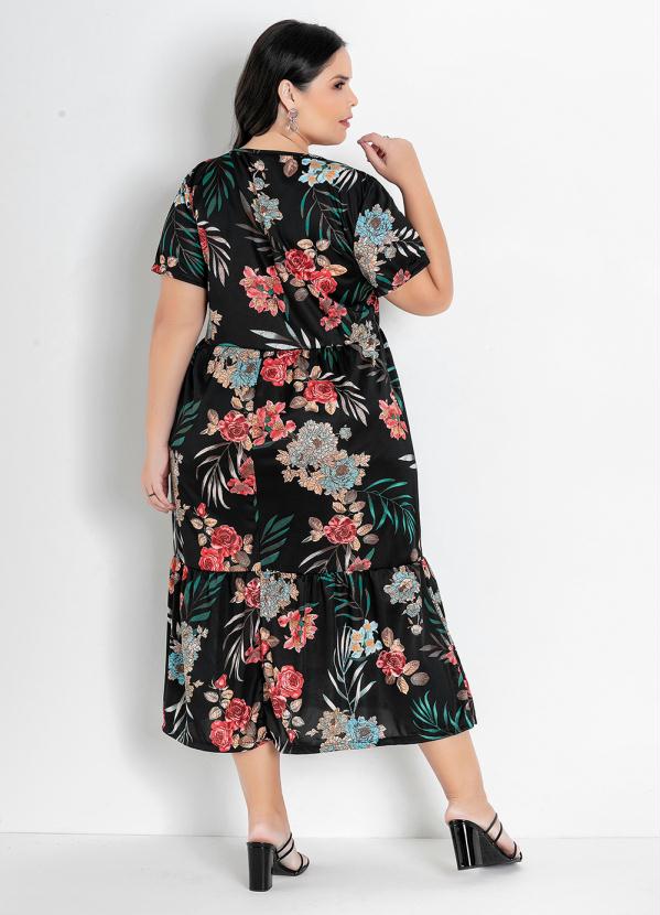 

Vestido Floral Preto com Franzidos Plus Size